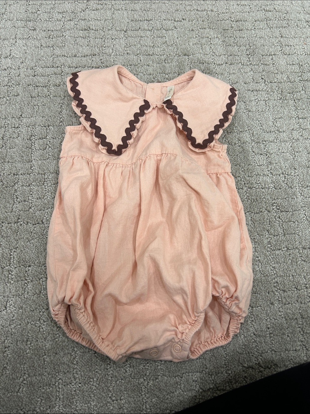 Rylee + Cru Pale Pink Bubble Romper with Brown Trim Collar
